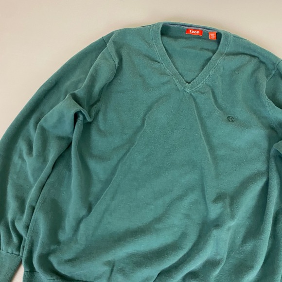 IZOD Sweater Men's Size XL Solid Green Teal V-Neck Long Sleeve 100% Cotton - Picture 3 of 9